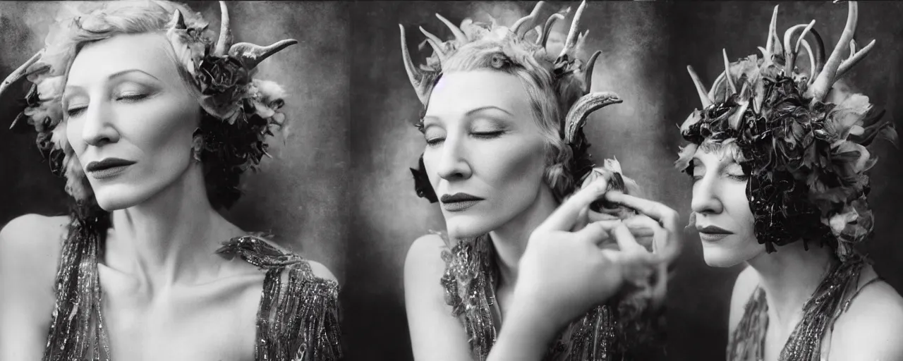 Image similar to 1920s portrait photography of cate blanchett transforming into a monster, edelweiss growing out of her face, goat horns on her head