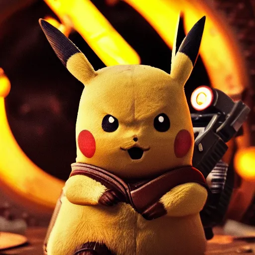 Prompt: pikachu in Gears of War, splash art, movie still, cinematic lighting, dramatic, octane render, long lens, shallow depth of field, bokeh, anamorphic lens flare, 8k, hyper detailed, 35mm film grain