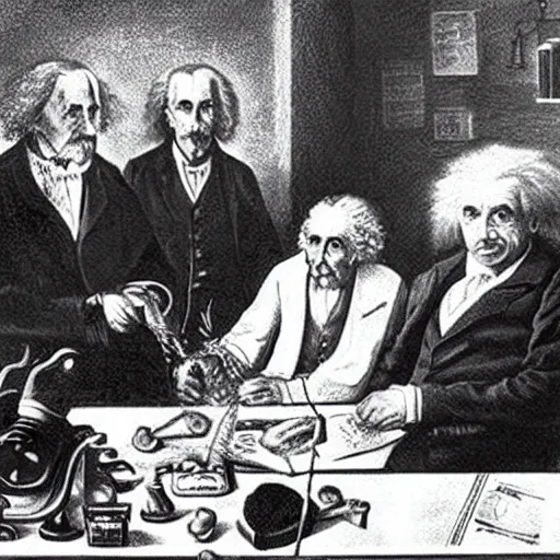 Image similar to Einstein, Isaac Newton, and Nikolai Tesla sharing a joint, drawing