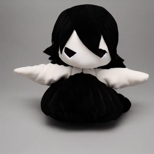 Prompt: cute fumo plush of a shy nightmare girl npc who hides behind corners, black and white