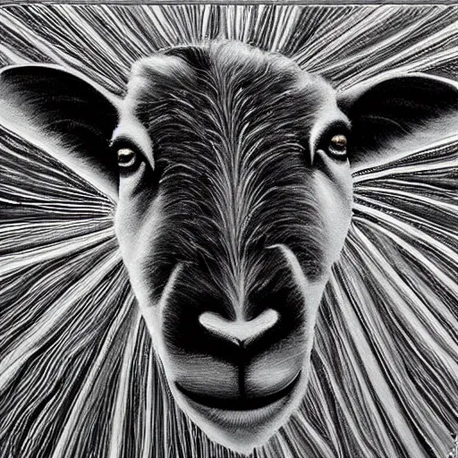 Prompt: one-line art a beautiful painting the sheep included a spider web, hyper realistic, grey scale