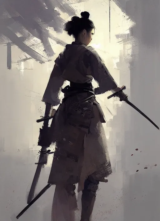 Image similar to female samurai, rule of thirds, intricate outfit, spotlight, by greg rutkowski, by jeremy mann, digital painting