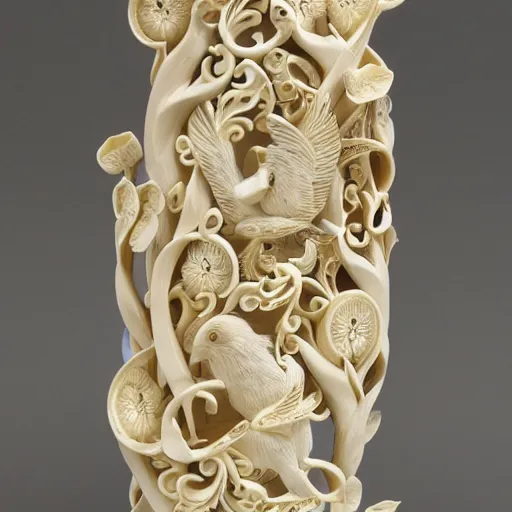 Image similar to a intricate ivory carving sculpture with birds and lemons and jungle leaves, ornate, complex, highly detailed, fine detail