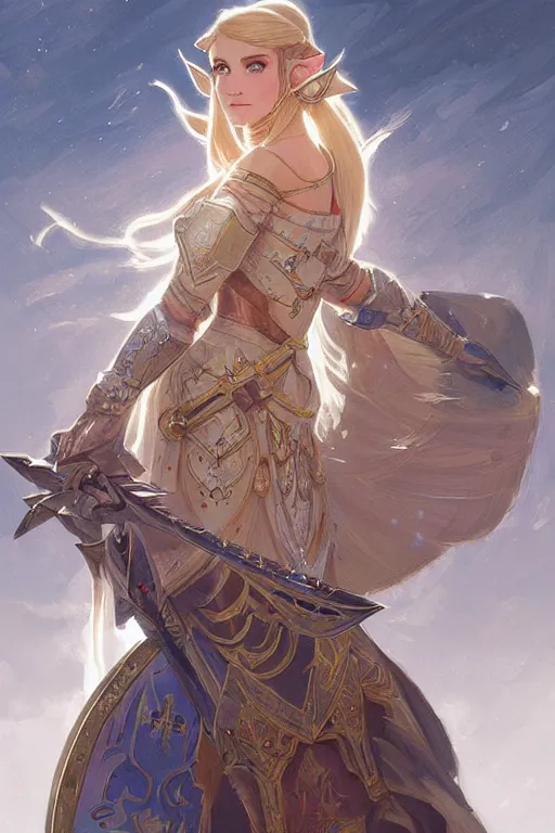 Image similar to portrait of Princess Zelda in armor, D&D, fantasy, intricate, elegant, highly detailed, digital painting, artstation, concept art, smooth, sharp focus, illustration, art by artgerm and greg rutkowski and alphonse mucha