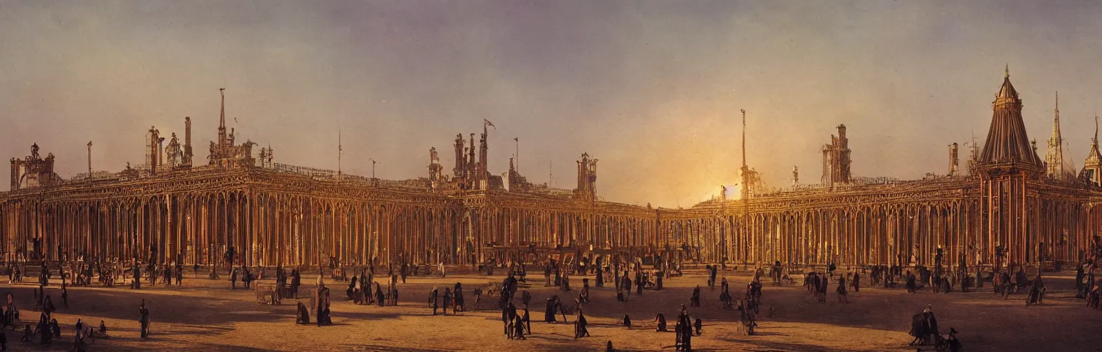 Prompt: a color photograph of the crystal palace, london exhibition of 1 8 5 1, golden hour,