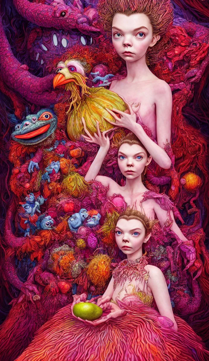 Image similar to hyper detailed 3d render like a Oil painting - kawaii portrait of four Aurora (a beautiful skeksis muppet fae queen from dark crystal that looks like Anya Taylor-Joy) seen red carpet photoshoot in UVIVF posing in scaly dress to Eat of the Strangling network of yellowcake aerochrome and milky Fruit and His delicate Hands hold of gossamer polyp blossoms bring iridescent fungal flowers whose spores black the foolish stars by Jacek Yerka, Ilya Kuvshinov, Mariusz Lewandowski, Houdini algorithmic generative render, Abstract brush strokes, Masterpiece, Edward Hopper and James Gilleard, Zdzislaw Beksinski, Mark Ryden, Wolfgang Lettl, hints of Yayoi Kasuma and Dr. Seuss, octane render, 8k