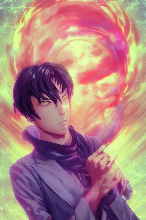 Prompt: anime manga guy emitting psychic powers, straight on, by artgerm, james jean, tom bagshaw, gerald brom, vaporwave colors, lofi colors, vaporwave, lofi, goth vibe, 4 k, smooth, hd, substance designer render, full body character concept art, perfect face, detailed face,