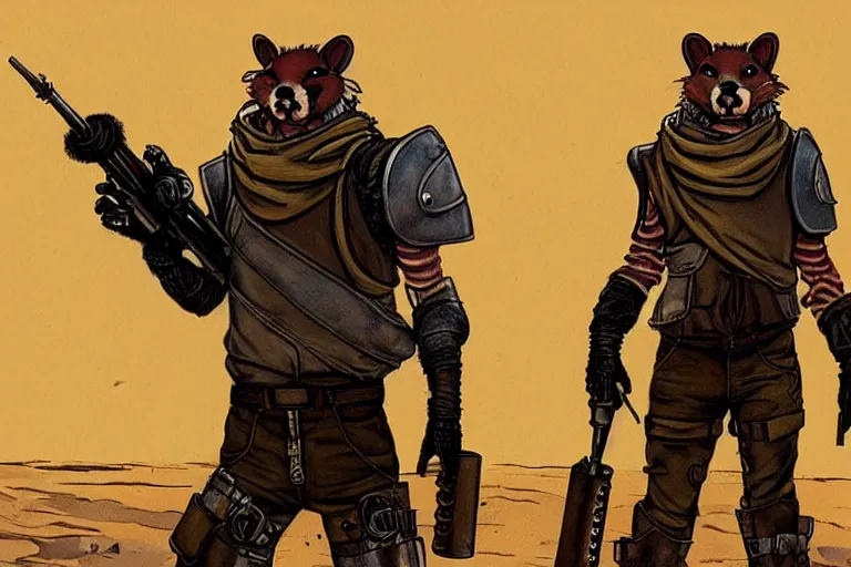 Image similar to a good ol'weasel fursona ( from the furry fandom ), heavily armed and armored facing down armageddon in a dark and gritty version from the makers of mad max : fury road. witness me.