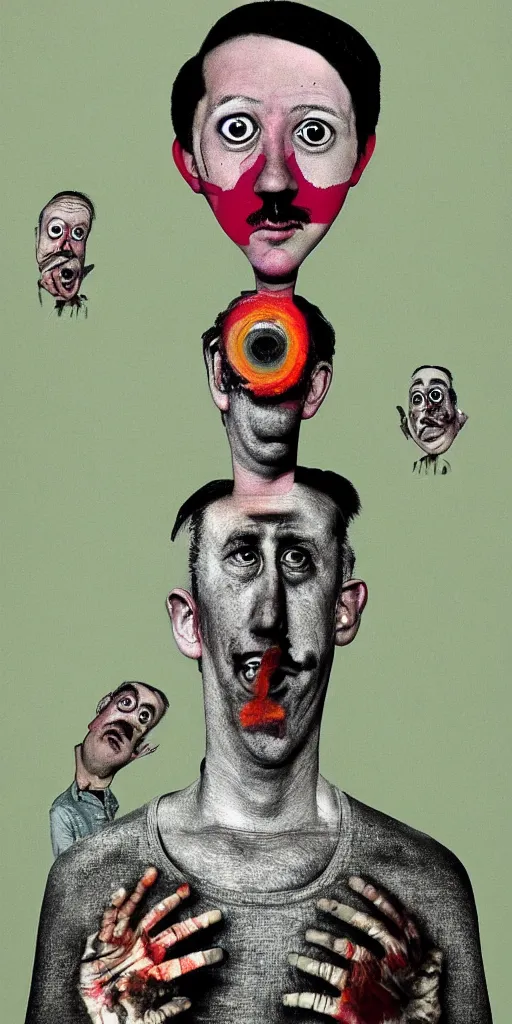 Image similar to award winning photo of todd solondz mixed with hitler, vivid colors, happy, symmetrical face, beautiful eyes, studio lighting, wide shot art by roger ballen & francis bacon