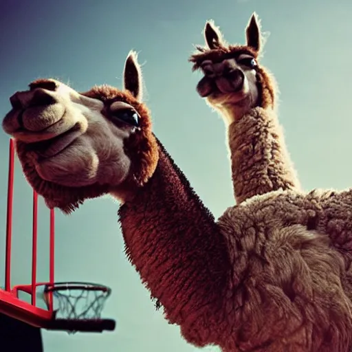 Prompt: film still of a llama in a jersey dunking a basketball, low angle, show from below, tilted frame, 3 5 °, dutch angle, extreme long shot, high detail, indoors, dramatic backlighting.