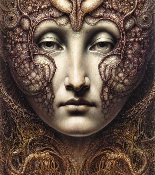 Image similar to detailed realistic beautiful patina goddess face portrait by jean delville, gustave dore, iris van herpen and marco mazzoni, art forms of nature by ernst haeckel, art nouveau, symbolist, visionary, gothic, neo - gothic, pre - raphaelite, fractal lace, intricate alien botanicals, biodiversity, surreality, hyperdetailed ultrasharp octane render