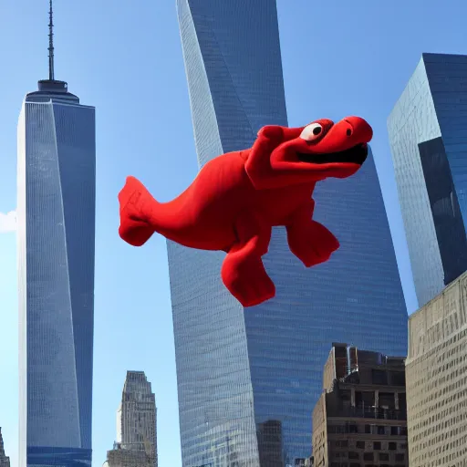 Image similar to Barney the Dinosaur flying a 777 right into one of the world trade center buildings