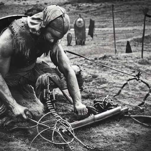 Image similar to wise angle photo of viking in armor working on the mechanical ancient device, tools and junk on the ground,wires and lights, old village in the distance, vintage old photo, black and white, sepia