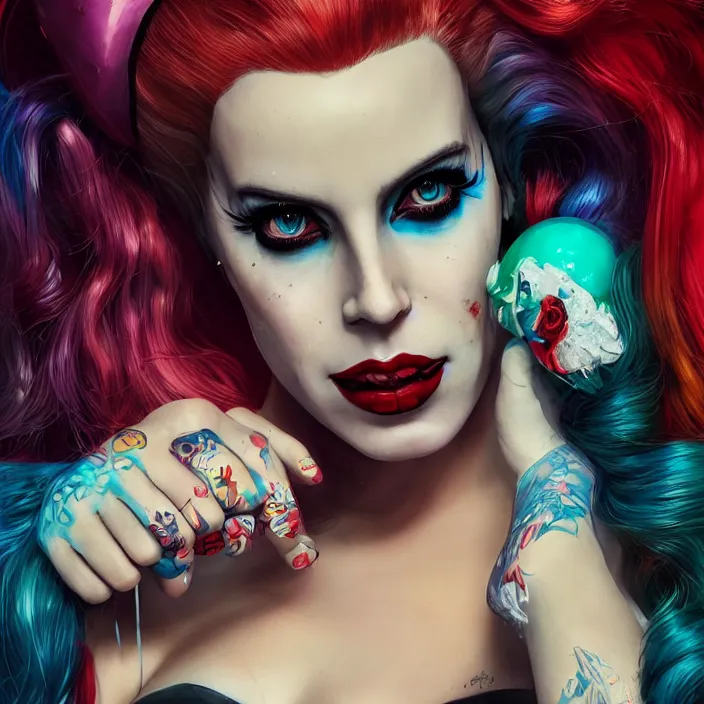 Prompt: portrait of lana del ray as a harley quinn. intricate abstract. intricate artwork. nightmare fuel. by Tooth Wu, wlop, beeple, dan mumford. octane render, trending on artstation, greg rutkowski very coherent symmetrical artwork. cinematic, hyper realism, high detail, octane render, 8k, iridescent accents