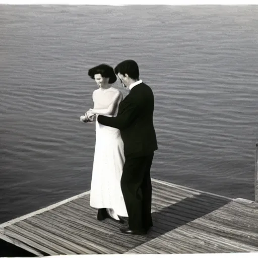 Prompt: A beautiful photograph of a man and a woman are standing on a dock, looking out at a body of water. The woman has her hand on the man's shoulder, and they appear to be deep in conversation. The colors in the photograph are muted, and the scene has a calming feeling. quartz by Ludwig Mies van der Rohe detailed, lines