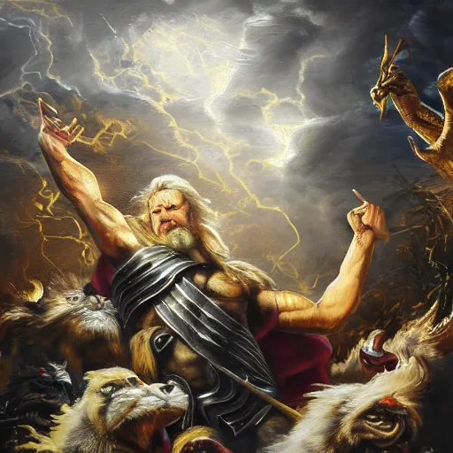 Image similar to mythological Odin all father god of thunder and artificial intelligence creating an artificial neural network with dark yellow synapses on an anvil, high resolution, award winning art, trending on art station, sharp image, incredibly detailed, odin all father detailed character realistic painting, painting by peter paul rubens