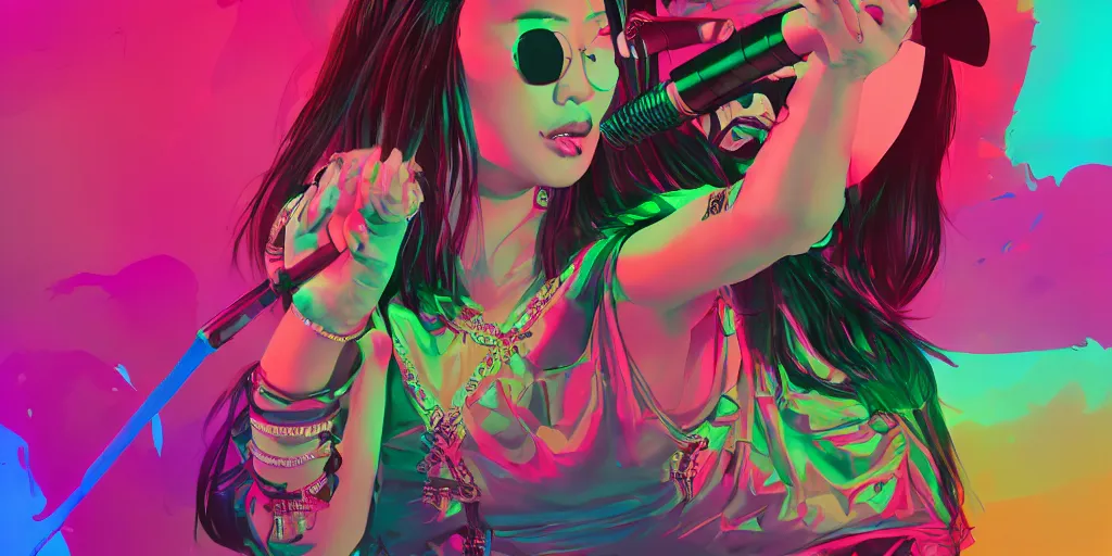 Prompt: Asian female rapper performing at huge festival holding microphone, epic angle, digital art, vapor wave, hip hop, trending on Artstation, professional artist, detailed, 4k