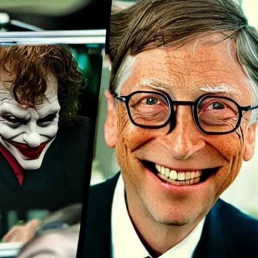 Image similar to bill gates as the joker from batman in an action scene in fast & furious