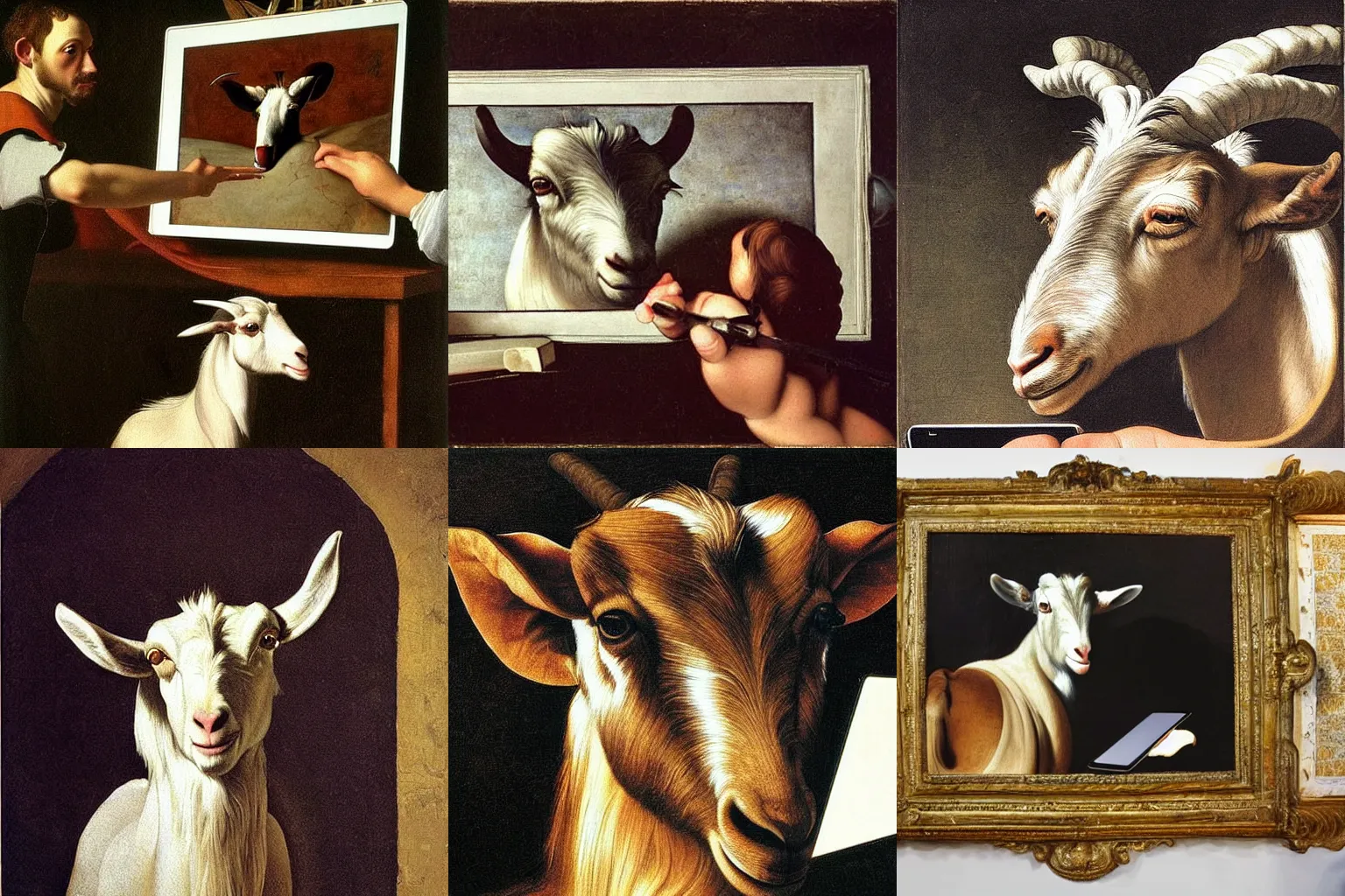 Prompt: A extremely highly detailed majestic hi-res beautiful,highly detailed painting of a goat taking a picture with an Ipad by Michelangelo Merisi da Caravaggio,