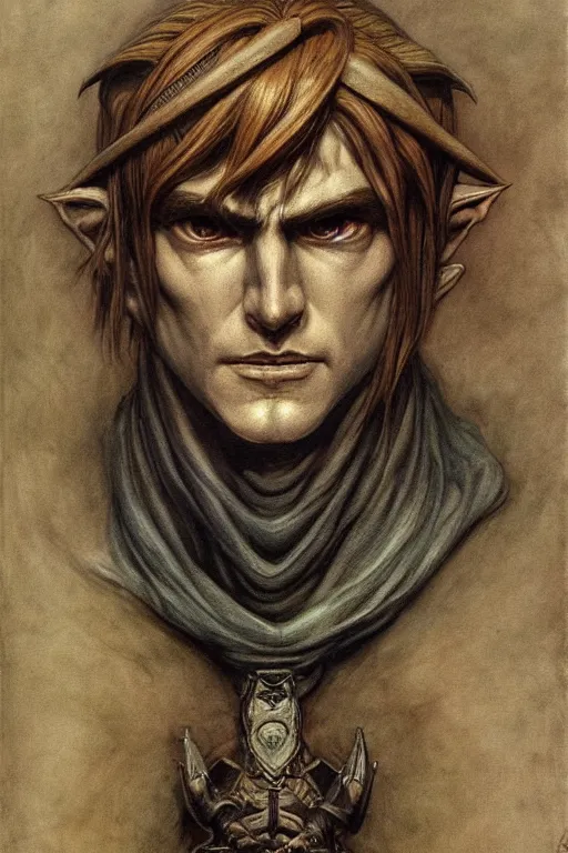 Image similar to a portrait of link from zelda in the style of wayne barlowe, gustav moreau, goward, bussiere, roberto ferri, santiago caruso, luis ricardo falero, austin osman spare