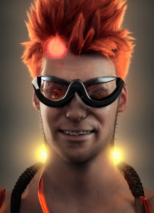 Image similar to An epic fantasy comic book style portrait painting of young man with red spiked long hair, using an orange lens googles. Wearing white shirt, a black waistcoat, brown pants and black boots. He is with a vicious smile in face. Unreal 5, DAZ, hyperrealistic, octane render, cosplay, RPG portrait, dynamic lighting