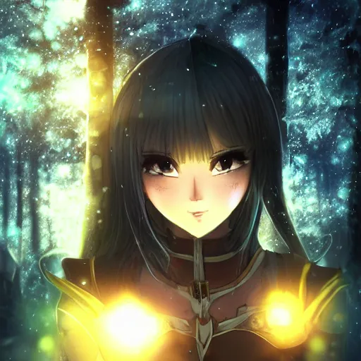 Prompt: focus face portrait of beautiful darkness knight 3D anime girl, posing, golden armor wearing, dark forest background, snowing, bokeh, inspired by Masami Kurumada, digital painting, high contrast, unreal engine render, volumetric lighting, high détail