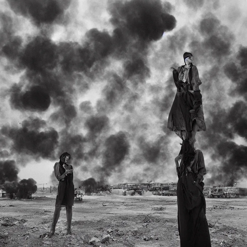 Image similar to portrait photograph fashion editorial in Kuwait oil fields fire. 1991. wide angle shot. highly detailed. depth of field. high definition. 8k. photography.