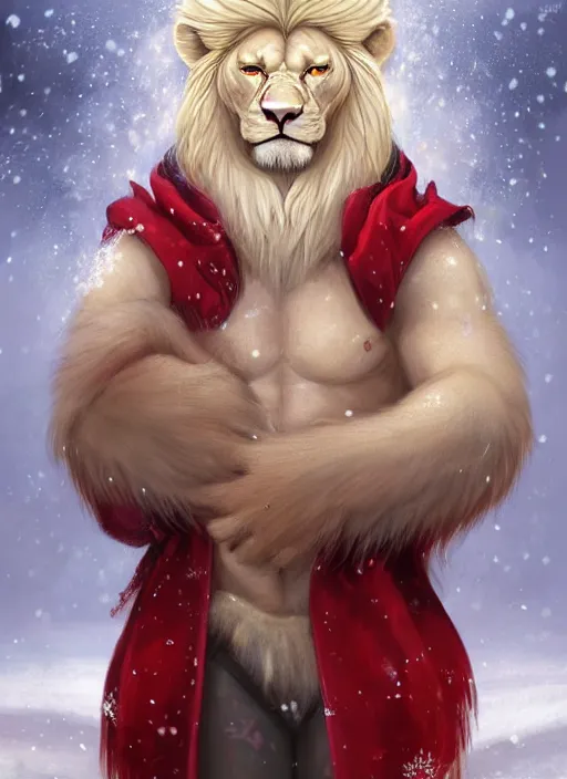 Prompt: award winning beautiful portrait commission of a male furry anthro albino lion with tattoos on his muscular belly with a beautiful hyperdetailed attractive outfit and face wearing a golden and red winter cozy outfit with red background and white snow falling around lion. Character design by charlie bowater, ross tran, and makoto shinkai, detailed, inked, western comic book art