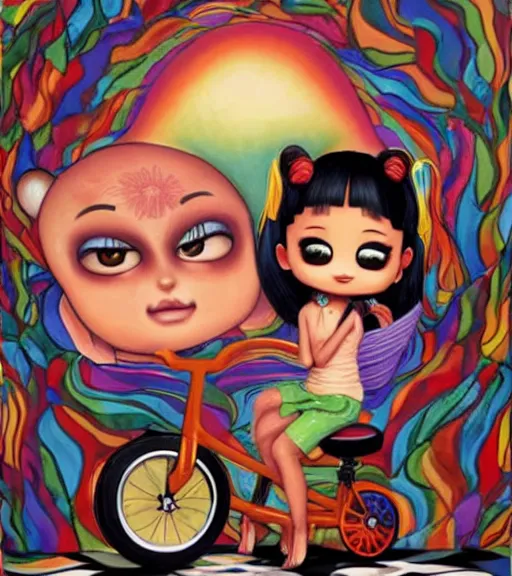 Image similar to Ariana Grande on a tricycle, lowbrow painting by Jeremiah Ketner and Hiroyuki Mitsume-Takahashi and Goro Fujita and Mark Ryden