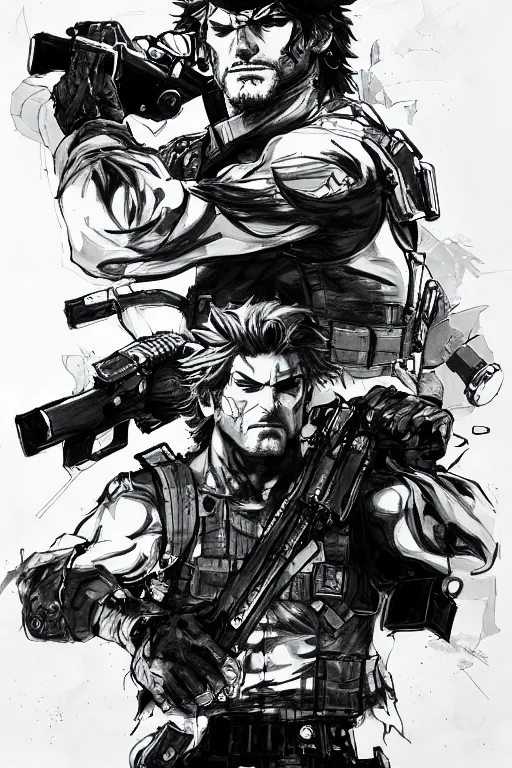 Prompt: solid snake from metal gear, sumi - e style, masterful, ultrafine hyperdetailed illustration, concept art, detailed, intricate linework, art by yoji shinkawa