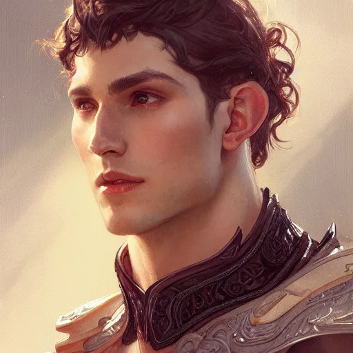 Image similar to full portrait of beautiful male paladin elf man with wavy dark hair, intricate, elegant, highly detailed, digital painting, artstation, concept art, smooth, sharp focus, illustration, art by Krenz Cushart and Artem Demura and Alphonse Mucha,