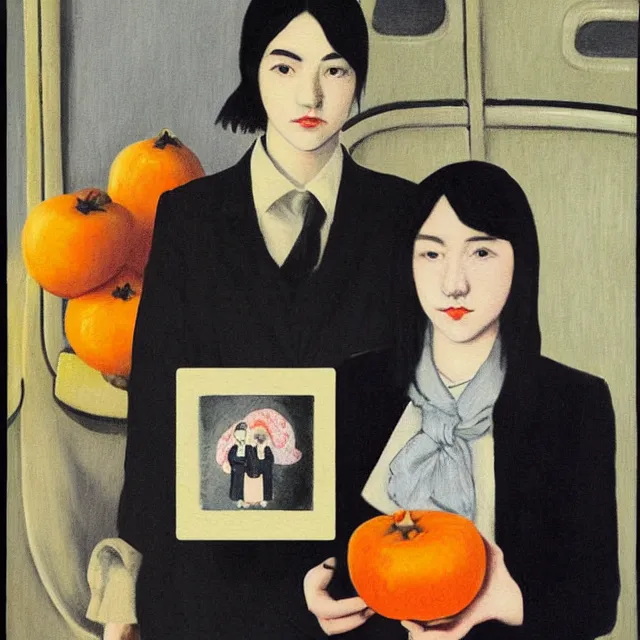 Image similar to tall emo girl artist holding small portraits and a persimmon on a train, on shinkansen in tokyo, shinagawa station, pigs, octopus, acrylic on canvas, surrealist, by magritte and monet