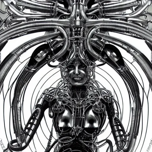 Image similar to britney spears encased in biomechanical machine, heavy conduits, complex scene, rich composition, heavy in detail, corruption, smooth, sharp focus, airbrush, illustration, symmetrical, art by h. r. giger