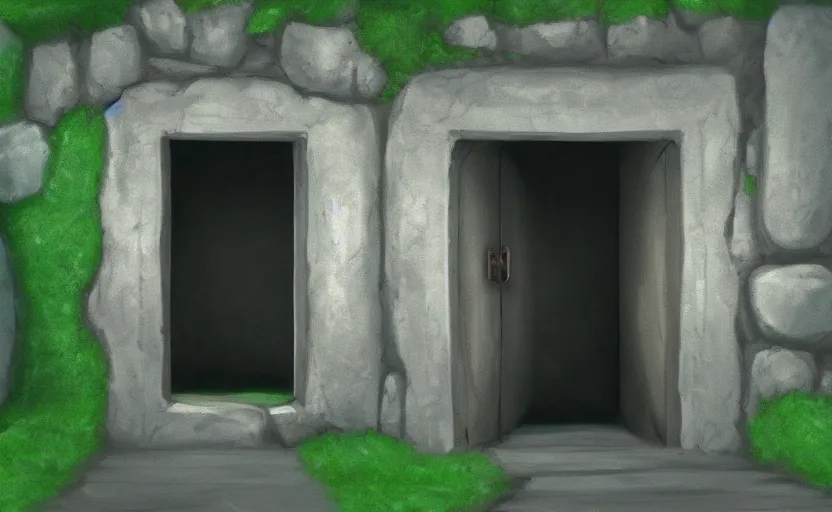 Prompt: a cell - shaded studio ghibli concept art study of a square dimensional portal doorway. water is flowing out of the portal. very dull colors, hd, 4 k, hq