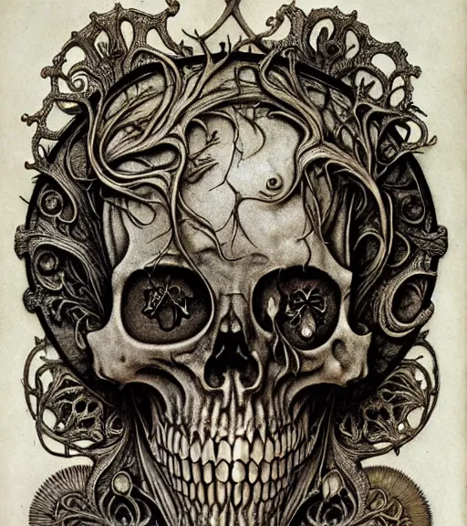 Image similar to memento mori by arthur rackham, art forms of nature by ernst haeckel, exquisitely detailed, art nouveau, gothic, ornately carved beautiful skull dominant, intricately carved antique bone, art nouveau botanicals, ornamental bone carvings, art forms of nature by ernst haeckel, horizontal symmetry, arthur rackham, ernst haeckel, symbolist, visionary