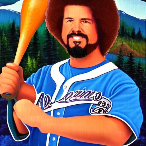 Image similar to a closeup photorealistic photograph of bob ross themed kenny powers baseball, painting on a canvas. mountains and trees. film still. brightly lit scene. this 4 k hd image is trending on artstation, featured on behance, well - rendered, extra crisp, features intricate detail, epic composition and the style of unreal engine.