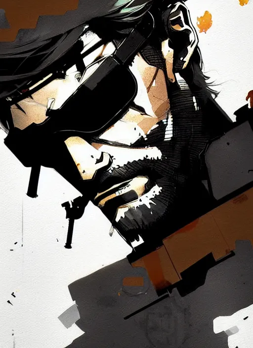 Image similar to highly detailed closeup of a moody solid snake mgs with codec by atey ghailan, by greg rutkowski, by greg tocchini, by james gilleard, by joe fenton, by kaethe butcher, by yoji shinkawa, gradient blue, black, brown and white color scheme muted tones, grunge aesthetic!!! white graffiti tag wall background
