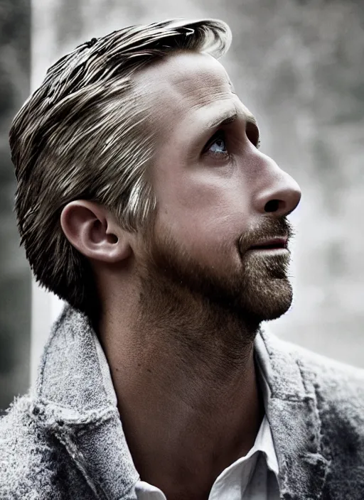 Image similar to ryan gosling fused with a goose, construction, natural light, bloom, detailed face, magazine, press, photo, steve mccurry, david lazar, canon, nikon, focus