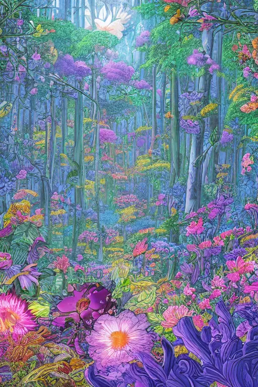 Prompt: forest with flowers blue, Digital Matte painting by Dan Mumford, M.W Kaluta, Lisa Frank vivid