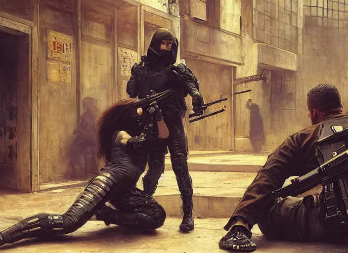 Image similar to Maria evades sgt griggs. Cyberpunk hacker escaping Cyberpunk policeman in combat gear. (police state, Cyberpunk 2077, blade runner 2049). Cyberpunk Iranian orientalist portrait by john william waterhouse and Edwin Longsden Long and Theodore Ralli and Nasreddine Dinet, oil on canvas. Cinematic, Dramatic lighting.
