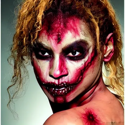 Prompt: Beyonce dancing thriller in zombie make up, realistic, music clip, good quality, horror, detailed