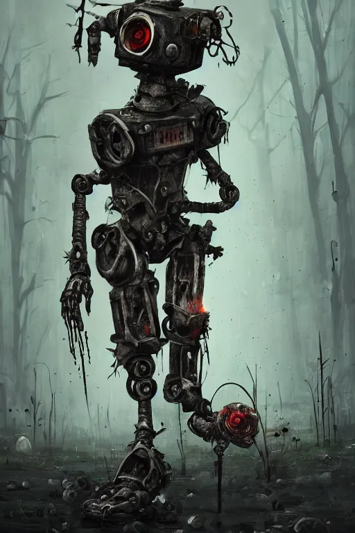 Image similar to broken robot in dirty torn tatters conjures zombie summoning magic, night, rain, moonlight, graveyard, highly detailed, digital painting, artstation, sharp focus, illustration,