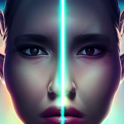 Image similar to symmetry!! solid cube of light, hard edges, product render retro - futuristic poster scifi, lasers coming from eyes, chinese master, intricate, elegant, highly detailed, digital painting, artstation, concept art, smooth, sharp focus, illustration, dreamlike, art by artgerm