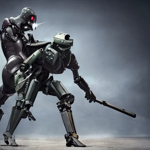 Image similar to anthropomorphic futuristic war robot - fighter killing a man - photographer, two figures, full body, clean background, photorealistic, detailed,