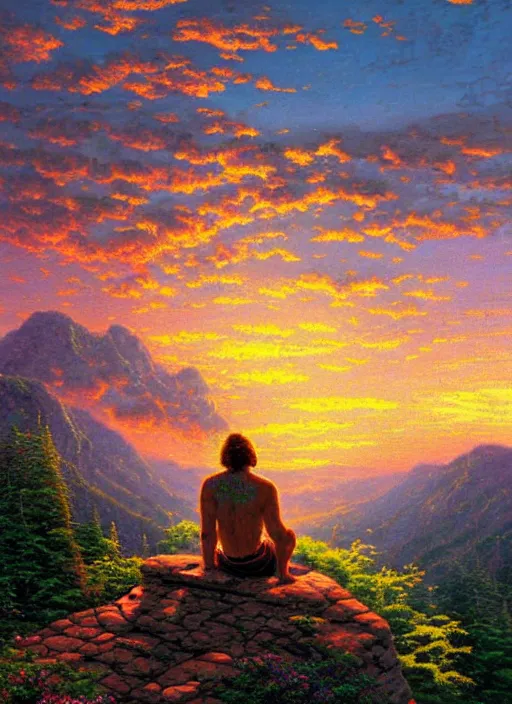 Prompt: an shaman sitting at the top of a cliff, looking down at the valley, doing a vision quest, beautiful sunset, art by thomas kinkade