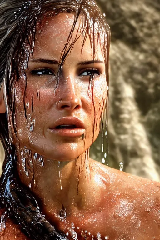 Prompt: a film still of lara croft, close up face detail, muscular, wet body, photography, wet dripping hair, emerging from the water