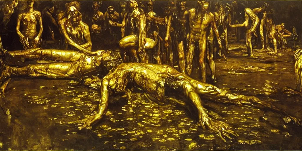Prompt: realistic Courbet painting of a dark sci-fi laboratory at night, zombiewalking dressed in rags made of guts and veins dripping golden shiny metalic fluid from ribcage to the floor. liquid shiny pool of gold on the floor.