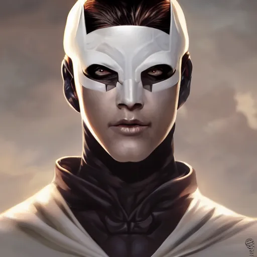 Image similar to characters portrait of MoonKnight mixed with Batman by ArtGerm and Tom Bagshaw, merged character, 4k, highly detailed, cinematic lighting