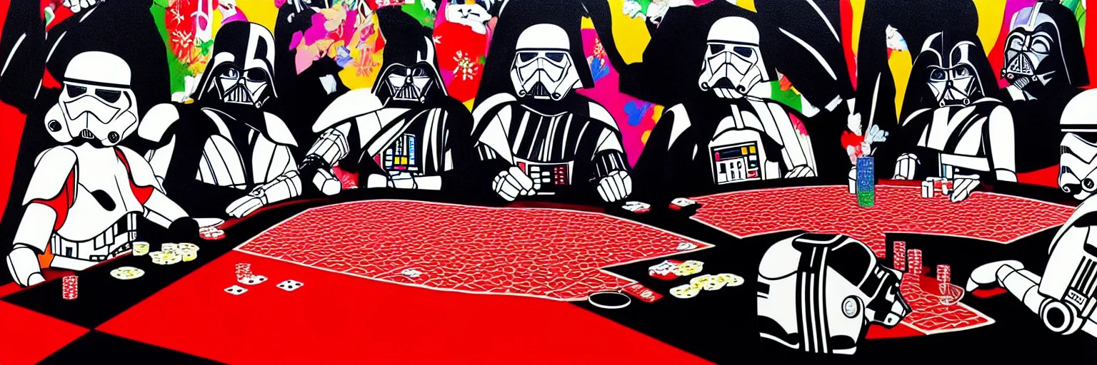 Image similar to hyperrealism composition of the detailed woman in a japanese kimono sitting at an extremely detailed poker table with darth vader and stormtrooper, fireworks on the background, pop - art style, jacky tsai style, andy warhol style, acrylic on canvas