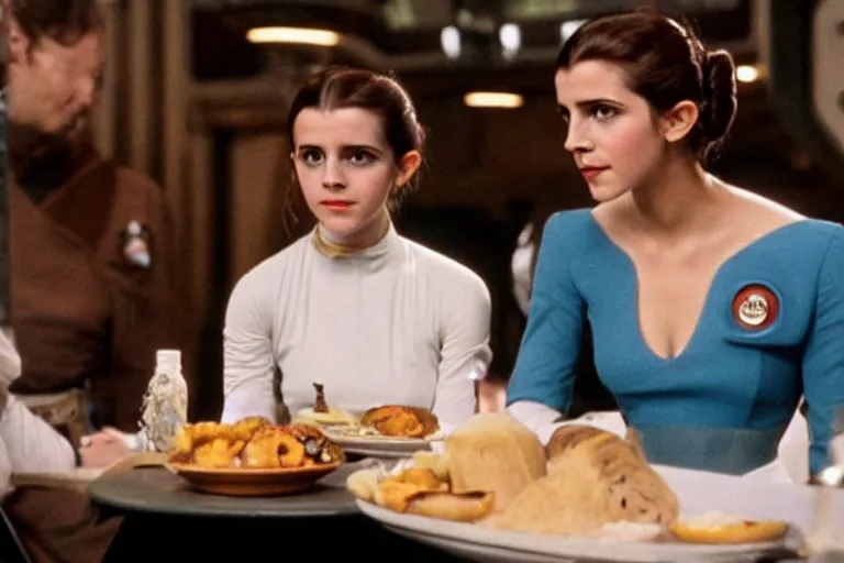 Image similar to princess leia having lunch with emma watson at quark's bar on deep space nine